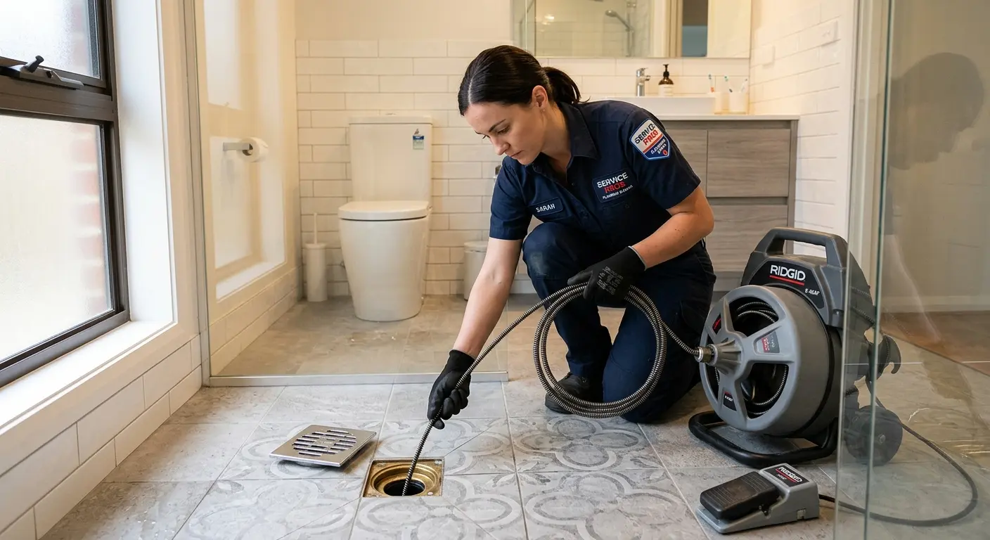 Technician clearing a bathroom floor drain for Sewer Line Installation in Fulton